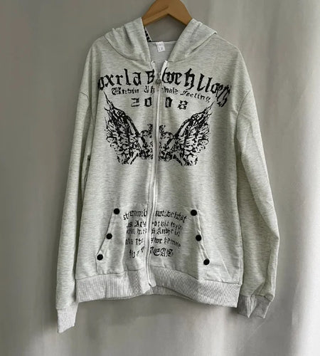 Vintage Sweatshirts 2024 Women's Clothes White Print Tunic Hooded Y2k Coat Streetwear Fashion Casual Hoodies Tops Ropa Mujer