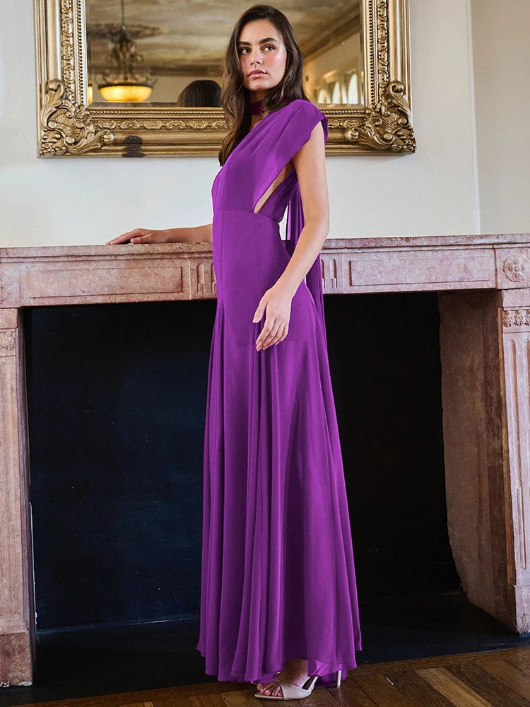 Deep V Neck High Split Sexy Maxi Dress For Women Fashion Purple Sleeveless Backless Long Tank Dress Femme Elegant Dress
