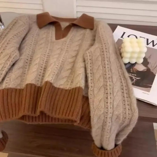 Load image into Gallery viewer, Autumn Winter Brown Patchwork Cotton Short Sweater Women Korean Elegent Long Sleeve Fashion Holiday Knitted Pullover Tops Trendy
