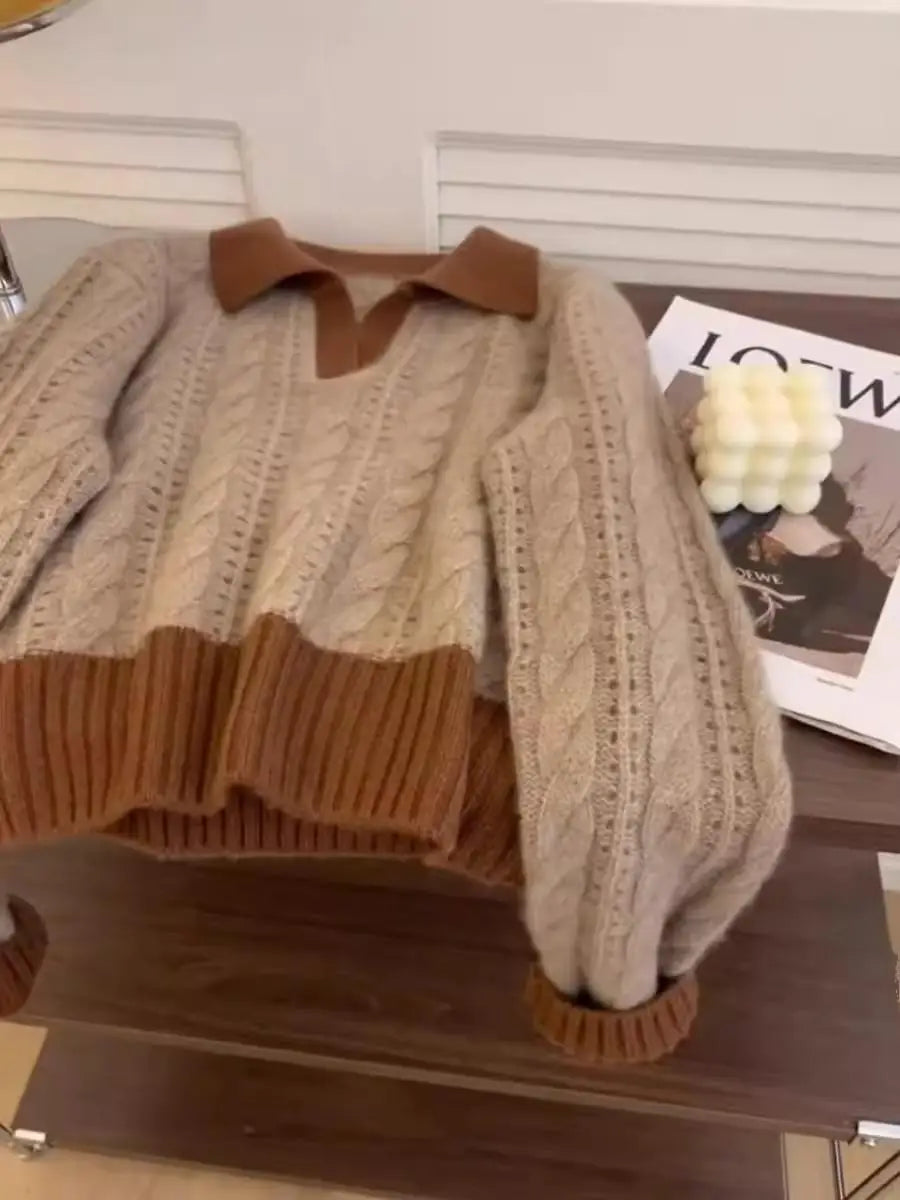 Autumn Winter Brown Patchwork Cotton Short Sweater Women Korean Elegent Long Sleeve Fashion Holiday Knitted Pullover Tops Trendy