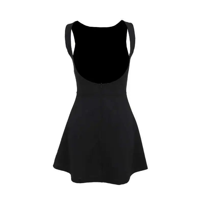 Elegant Backless Mini Tank Dress For Women Fashion Black O Neck Sleeveless Club Party A-line Basics Sexy Dress New