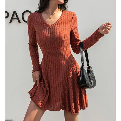 Load image into Gallery viewer, Autumn Winter Korean Trend Orange V Neck Sexy Elegant Slim Long Sleeve Short Dress Women Retro Knitted Mini Dress Popular Casual
