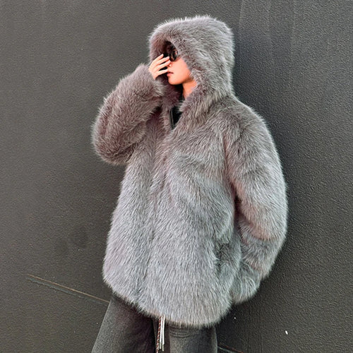 Load image into Gallery viewer, Fashion Men&#39;s Faux Fur Jacket Hooded Zipper Warm Coat 2024 Autumn Winter New Fashion Tide Solid Color Jackets 9C9257
