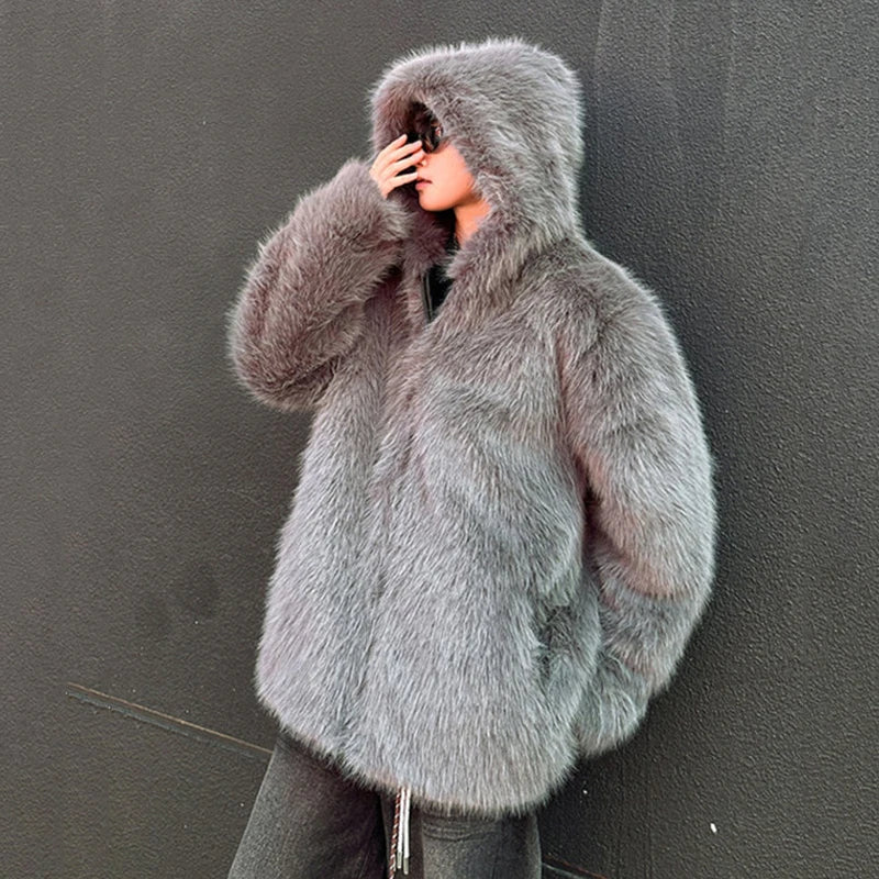 Fashion Men's Faux Fur Jacket Hooded Zipper Warm Coat 2024 Autumn Winter New Fashion Tide Solid Color Jackets 9C9257