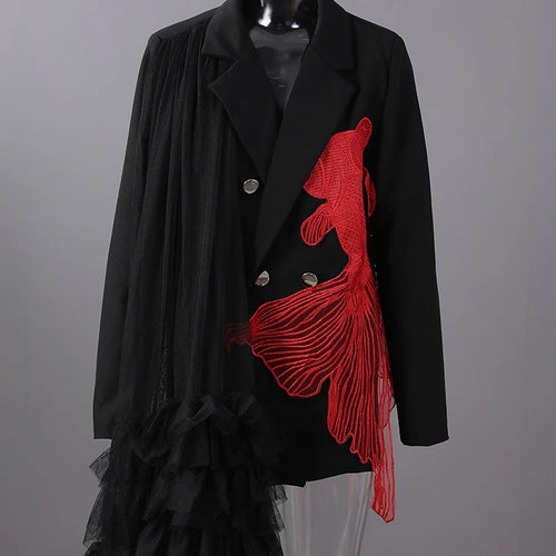 Load image into Gallery viewer, Women Black Mesh Irregular Fish Spliced Big Size Blazer New Lapel Long Sleeve Jacket Fashion Spring Autumn 2025 CPG2902
