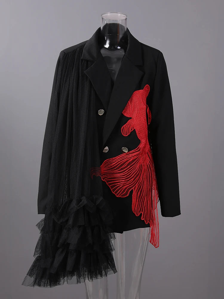 Women Black Mesh Irregular Fish Spliced Big Size Blazer New Lapel Long Sleeve Jacket Fashion Spring Autumn 2025 CPG2902