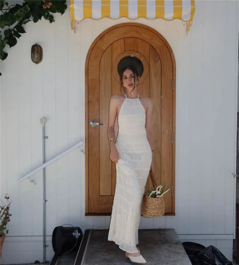 Halter Backless Sexy Maxi Dress For Women Spring Summer New Lace-up Sleeveless Pleated Beach Holiday Long Dress Elegant