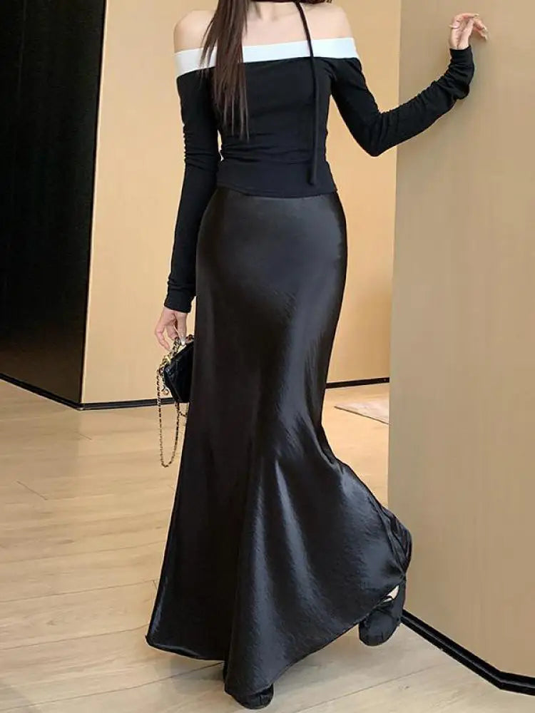 Korean Fashion Solid Elegant High Waist Wrap Hip Long Skirt 2025 Spring Summer Women Slim Vacation Pleated A-line Fishtail Skirt