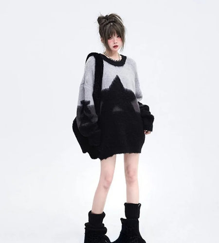 JapaneseStar Embroidery Vintage Oversized Soft Sweaters Y2K Fashion Aesthetic Loose Pullovers Harajuku Grunge Casual Pull Jumper