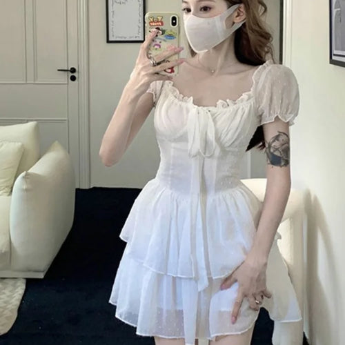 Load image into Gallery viewer, Fairy Princess Mesh White Dress Y2k Soft Girls Sweet Elegant Wrap Mini Short Dresses Fashion Summer Sundress
