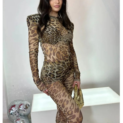 Load image into Gallery viewer, Sexy Elastic Tight Long Sleeved Leopard Print Long Pants Two-piece Set Women Slim Party Nightclub 2025 Spring New Set
