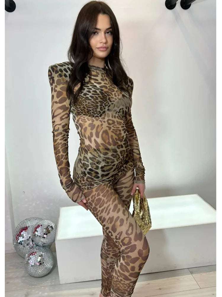 Sexy Elastic Tight Long Sleeved Leopard Print Long Pants Two-piece Set Women Slim Party Nightclub 2025 Spring New Set