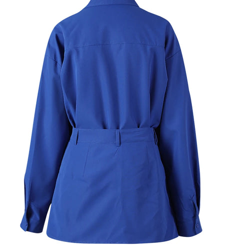 Women Blue Irregular Spliced Big Size Long Blouse New Lapel Long Sleeve Shirt Fashion Tide Spring Autumn 2025 CPG3105