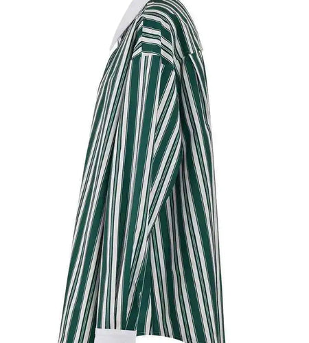Women Green Striped Big Size Vintage Blouse New Lapel Long Sleeve Loose Fit Shirt Fashion Tide Spring Autumn 2025 CPG0669