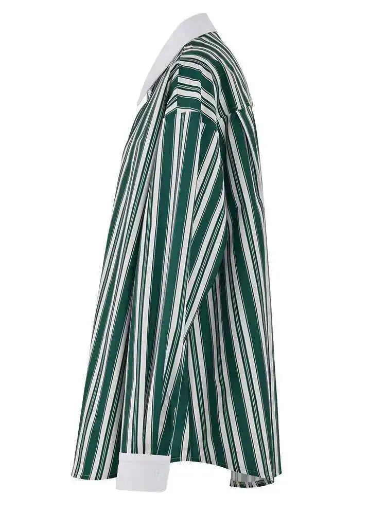 Women Green Striped Big Size Vintage Blouse New Lapel Long Sleeve Loose Fit Shirt Fashion Tide Spring Autumn 2025 CPG0669