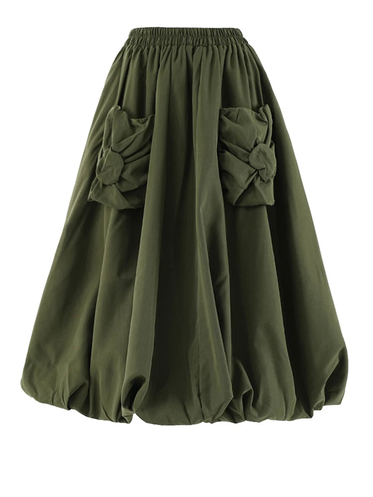 High Elastic Waist Khaki Pocket Shaped A-line Casual Half-body Skirt Women Fashion Tide New Spring Autumn 2025 CPG2082