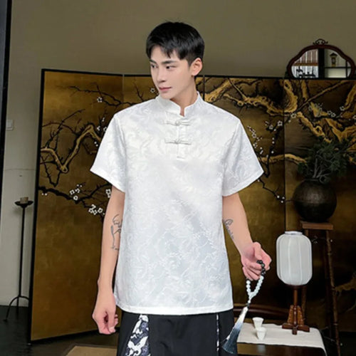 Load image into Gallery viewer, Chinese Style Men&#39;s Short Sleeve T-shirt Buckle Decoration Jacquard Fashion Loose Casual Male Top Stand Collar 9C5594
