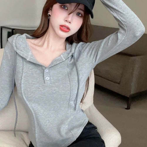 Load image into Gallery viewer, Autumn Women Black Short T-shirt Sexy Crop Tops Long Sleeve Bandage Korean Style Tees Solid Kpop
