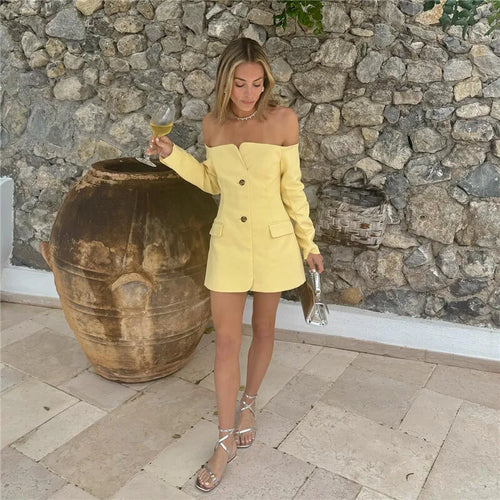 Load image into Gallery viewer, Off-shoulder Strapless Sexy Blazer Dress For Women Fashion Solid Zipper Two Pocket Long Sleeve Backless Mini Dress
