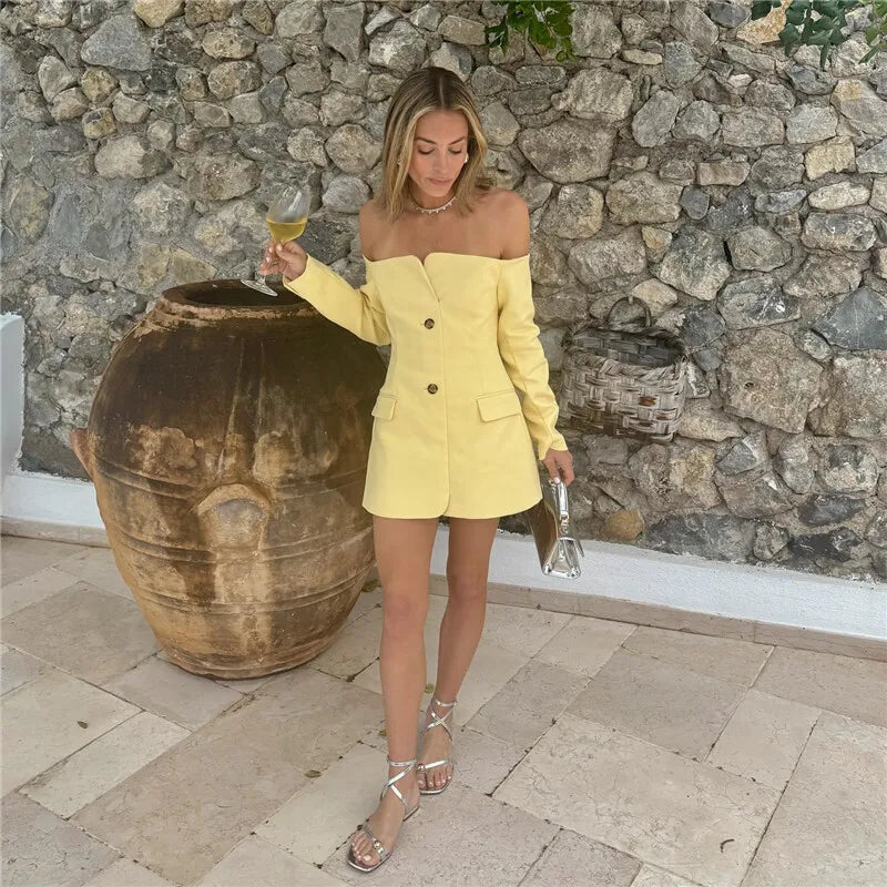 Off-shoulder Strapless Sexy Blazer Dress For Women Fashion Solid Zipper Two Pocket Long Sleeve Backless Mini Dress