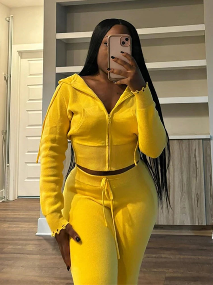 Sporty 2 Piece Set Women Hooded Cardigan Crop Jacket+Drawstring Straight Pants Fit Simple Classic Basic Casual Tracksuit