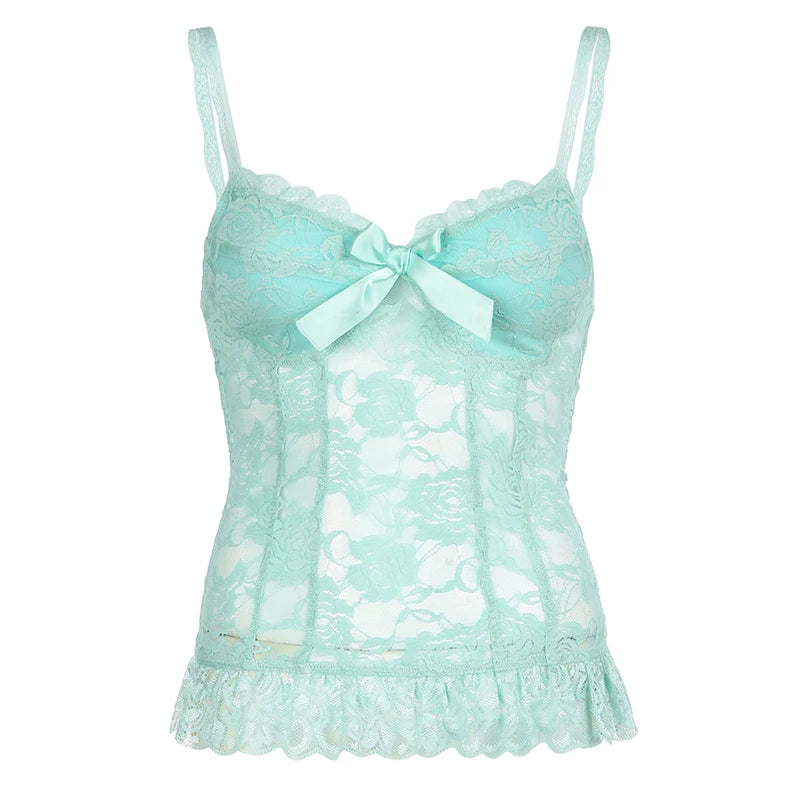 Fashion Chic Sexy Lace Top Camisole Bow Ruffles Transparent Corset Crop Top Women Hotsweet Coquette Clothes Chic Tank