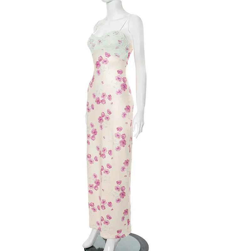 Lace Print Spaghetti Strap Sexy Maxi Dress Women Elegant Off-shoulder Sleeveless Backless High Waist Bodycon Dress