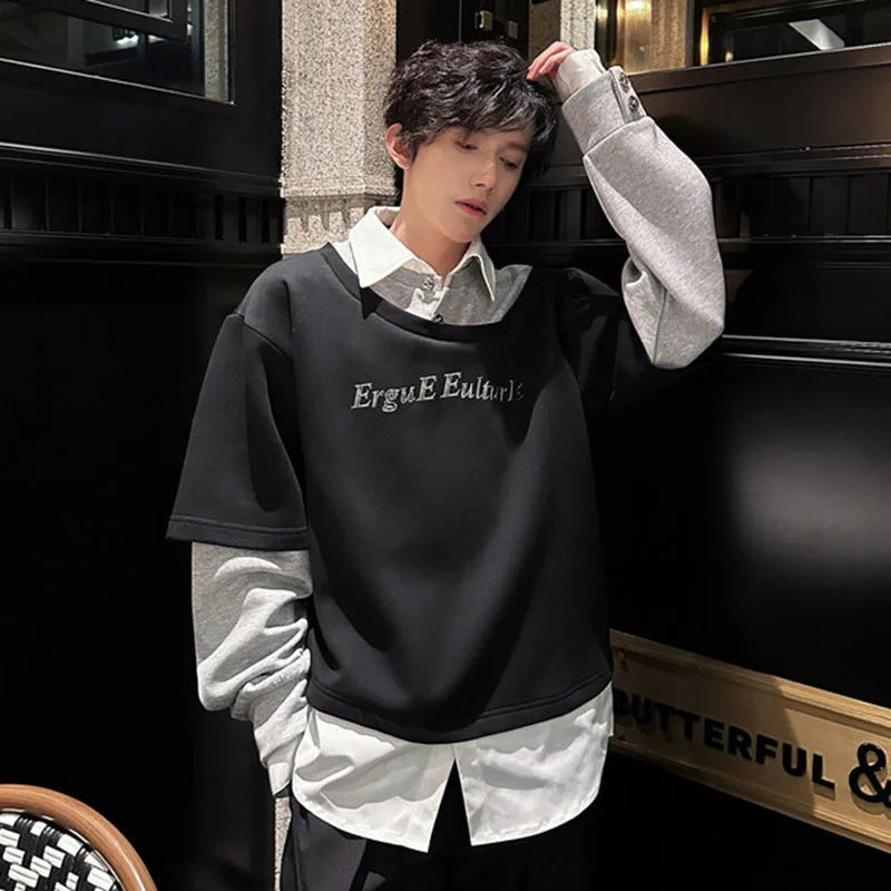 Male Sweatshirts Long Sleeve New Korean Turn-down Collar Design Patchwork Loose Men's Clothing Summer Men Tops 9W1606