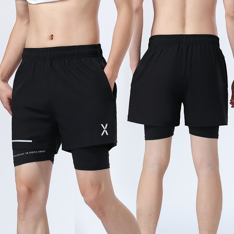 2 in 1 Shorts Men Fitness Training Exercise Jogging Short Trousers Liner Zipper Pocket Workout Quick Dry Beach Running Shorts