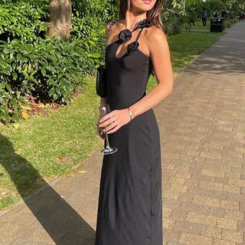 Load image into Gallery viewer, Elegant Sleeveless Irregular Bodycon Women Evening Dress 2024 Fall New Flower Ornament Shoulder Vestido Sexy Long Dress
