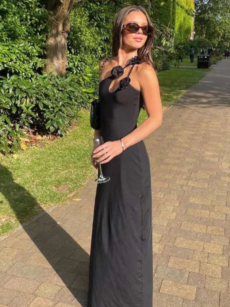 Elegant Sleeveless Irregular Bodycon Women Evening Dress 2024 Fall New Flower Ornament Shoulder Vestido Sexy Long Dress