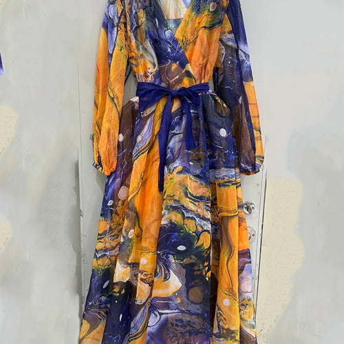 Load image into Gallery viewer, Printing Spliced Appliques Fashion Dresses for Women V Neck Long Sleeves Patchwork Folds Dress Female Clothing New
