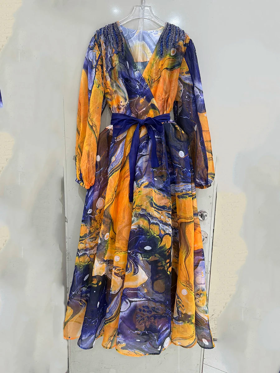 Printing Spliced Appliques Fashion Dresses for Women V Neck Long Sleeves Patchwork Folds Dress Female Clothing New