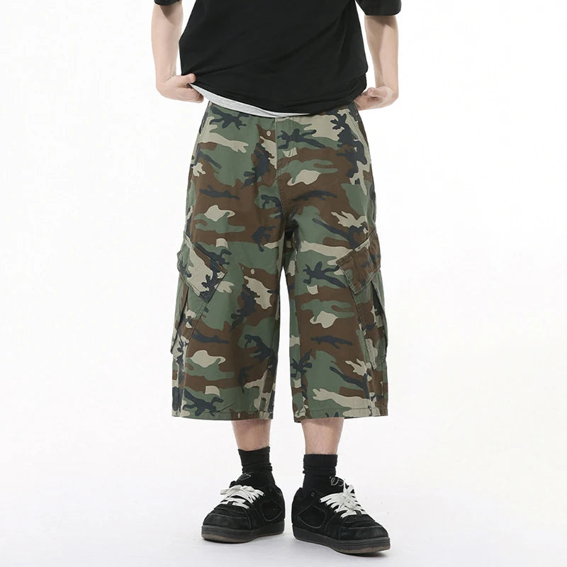 American Style Men's Jeans Camouflage Side Pockets Patchwork Design Casual Straight Wide Leg Baggy Male Denim Shorts 9W1271