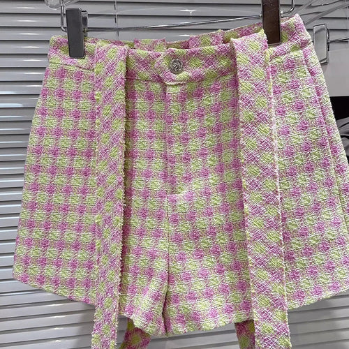 Load image into Gallery viewer, Spliced Plaid Two Piece Sets for Women Peter Pan Collar Short Sleeves Patchwork Button Top Strap Shorts Set Female
