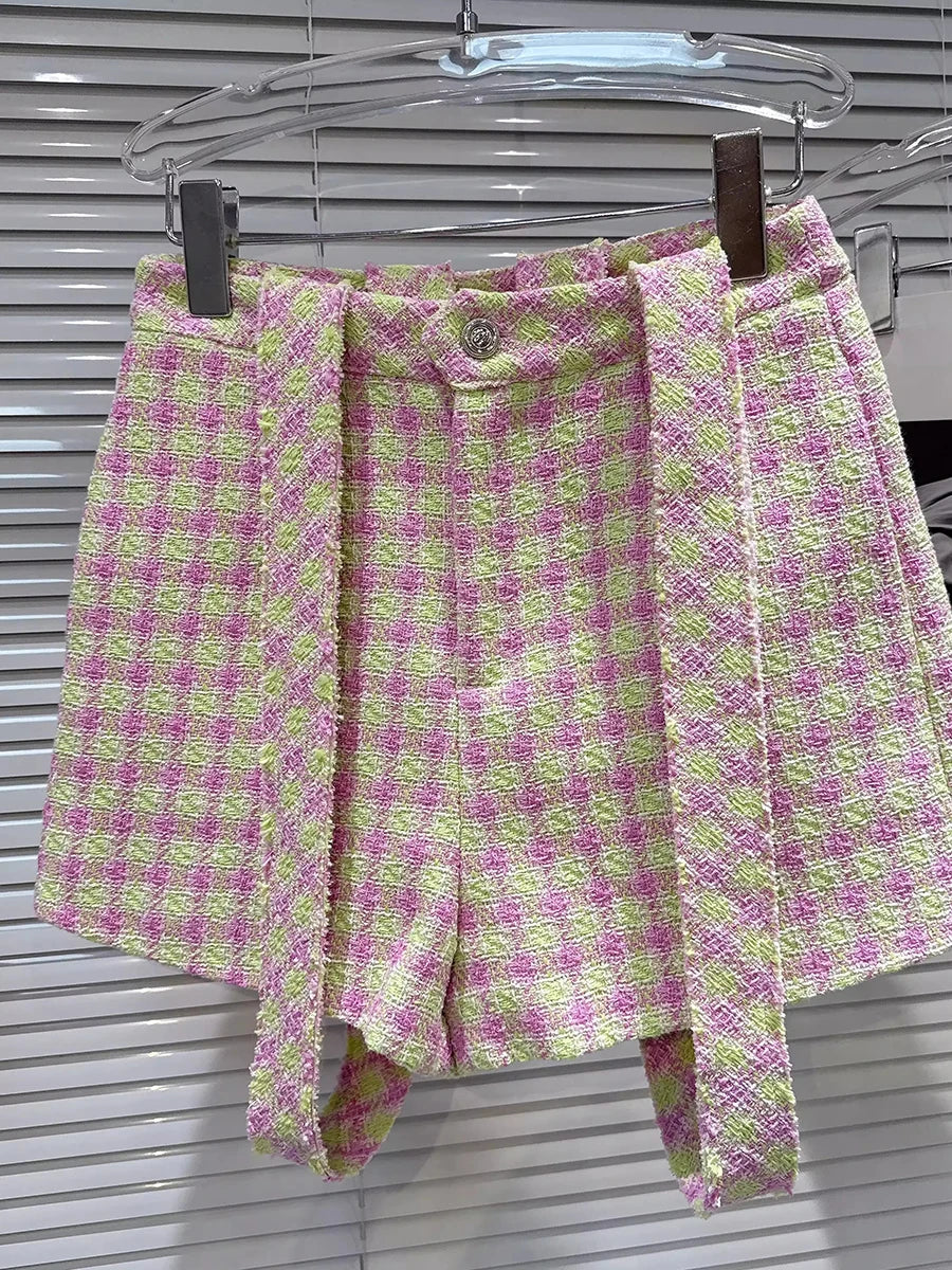 Spliced Plaid Two Piece Sets for Women Peter Pan Collar Short Sleeves Patchwork Button Top Strap Shorts Set Female