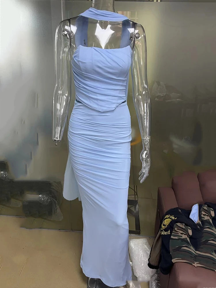 Sexy Two Piece Sets Women Neckerchief Strapless Crop Tops And Maxi Skirt Sets Sexy Club Party Skirt Two Piece Sets