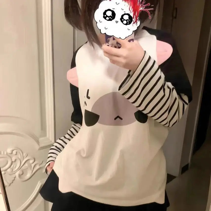 Ropa Mujer T Shirts for Women Fake Two Tees Y2k Tops Japanese Camisetas O-neck Long Sleeve Contrast Color Striped Tshirts