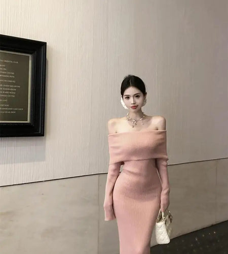 Retro Solid Sexy Club Long Sleeve Off Shoulder Knitted Dress Autumn French Style Chic Slim Long Sleeves Elegant Wrap Hip Dresses