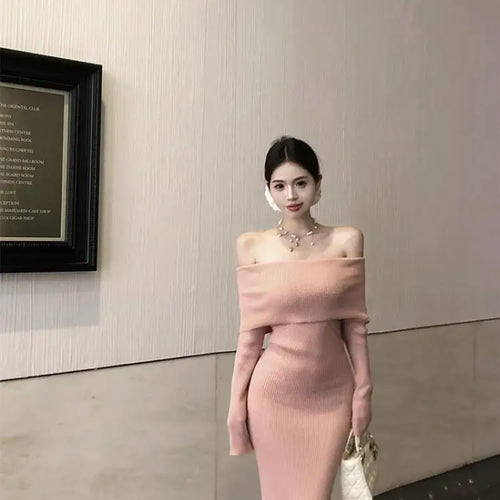 Load image into Gallery viewer, Retro Solid Sexy Club Long Sleeve Off Shoulder Knitted Dress Autumn French Style Chic Slim Long Sleeves Elegant Wrap Hip Dresses
