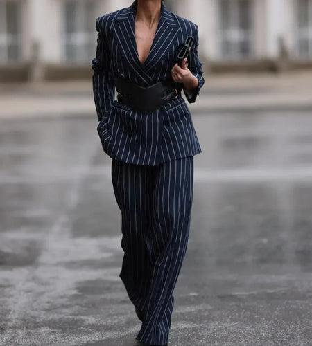 Women Blazer & Suits Business Office Fall Spring Striped V-Neck Jacket Long Wide Leg 2 Pieces Sets Pants Suits