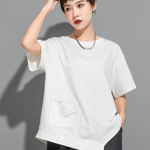 Load image into Gallery viewer, Women White  Topstitched Irregular Hem Big Size T-shirt New Round Neck Short Sleeve Fashion Spring Summer 2025 1DJ1753
