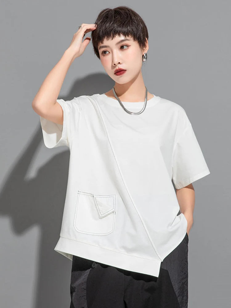 Women White  Topstitched Irregular Hem Big Size T-shirt New Round Neck Short Sleeve Fashion Spring Summer 2025 1DJ1753