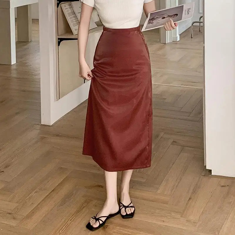 Spring Summer Korean Fashion Black Elegant Office Long Skirts For Women Red High Waisted Holiday Straight Half Skirt Simplicity