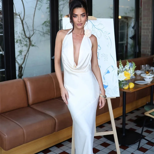 Load image into Gallery viewer, Satin Halter Backless Sexy Maxi Dress Women Gown Elegant Solid Sleeveless Lace-up High Waist Evening Club Long Dress
