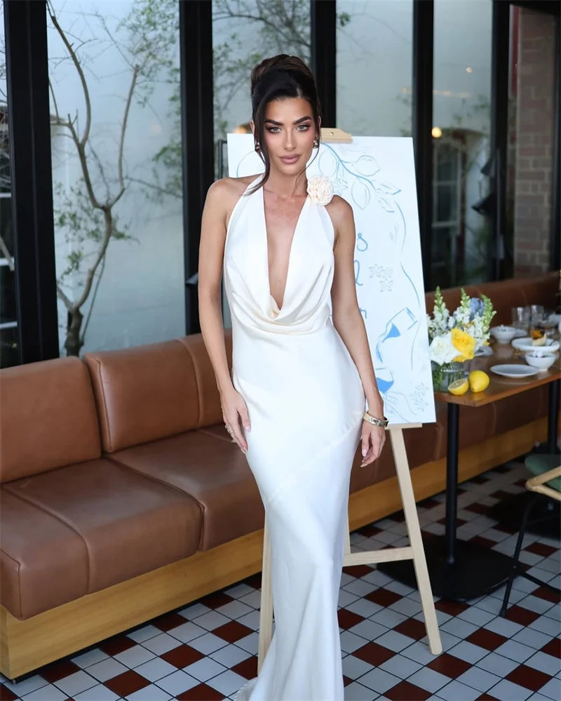 Satin Halter Backless Sexy Maxi Dress Women Gown Elegant Solid Sleeveless Lace-up High Waist Evening Club Long Dress