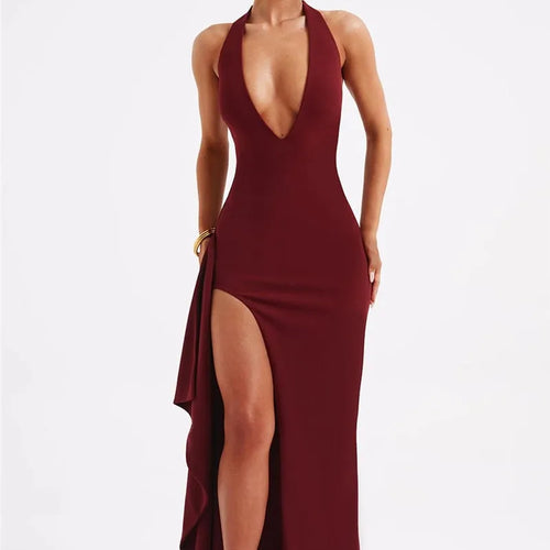 Load image into Gallery viewer, Deep V Neck Thigh High Split Maxi Dress Women Halter Sleeveless Backless Bodycon Club Party Sexy Long Dress New
