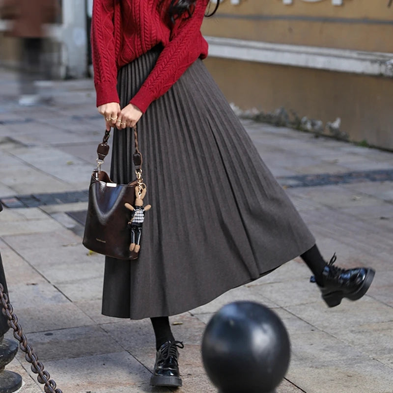 Autumn Winter Korean Fashion Solid Simple Pleated Long Skirt Women's 2024 Elegant High Waist Festival Woolen Skirt Trend Popular