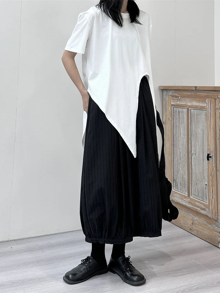 Women White Irregular Hem Big Size Casual T-shirt New Round Neck Short Sleeve Fashion Tide Spring Summer 2025 1DJ1676