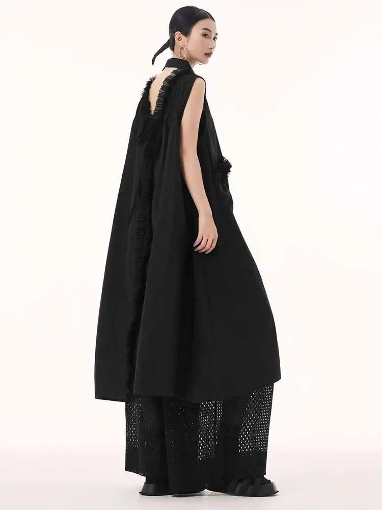 Women White Mesh Color-block Backless Big Size Shirt Dress New Lapel Sleeveless Fashion Tide Spring Summer 2025 1DH9518